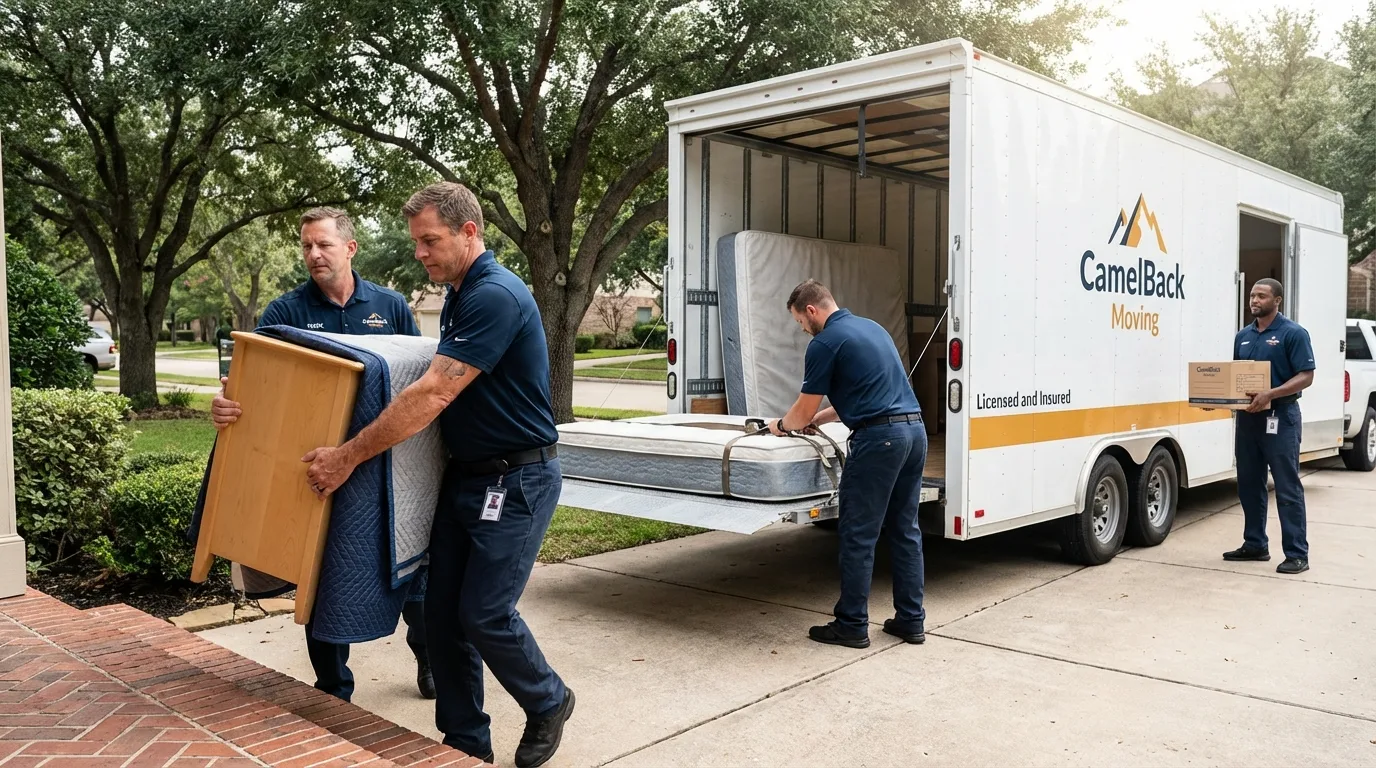Crew loading residential truck for cross-state move from Justice, IL