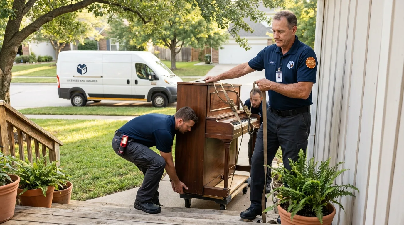 Licensed piano movers securing grand piano in Justice, IL