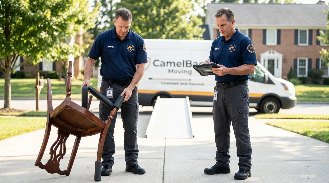 Movers inspecting furniture for damage prevention before loading in Justice, IL