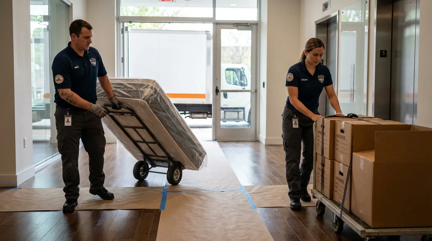 Professional apartment movers loading elevator in Justice, IL