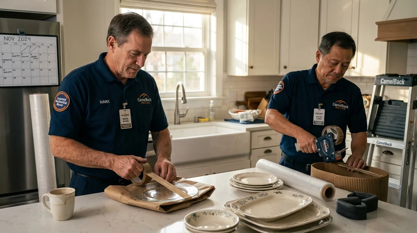Professional crew packing kitchen dishware in Justice, IL